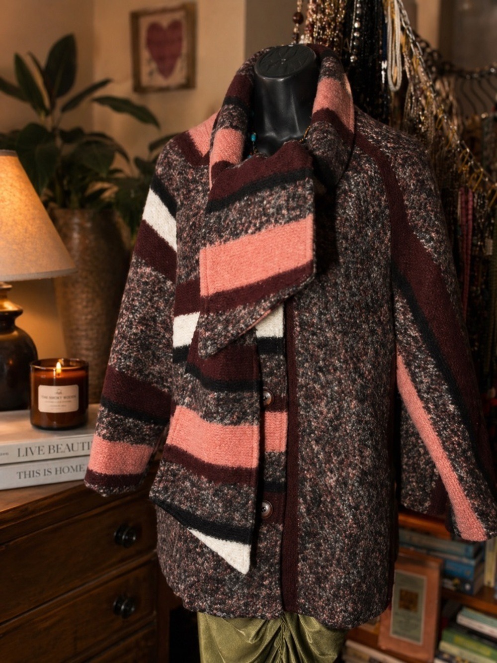 Vintage Jil De Brand Wool Blend Bouclé Coat • Built-In Scarf • Boutique • S-M